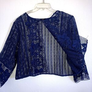 ILE NEW YORK 14 Dark Blue Lace Embroidered Knit Cardigan Shrug Bolero Over Top